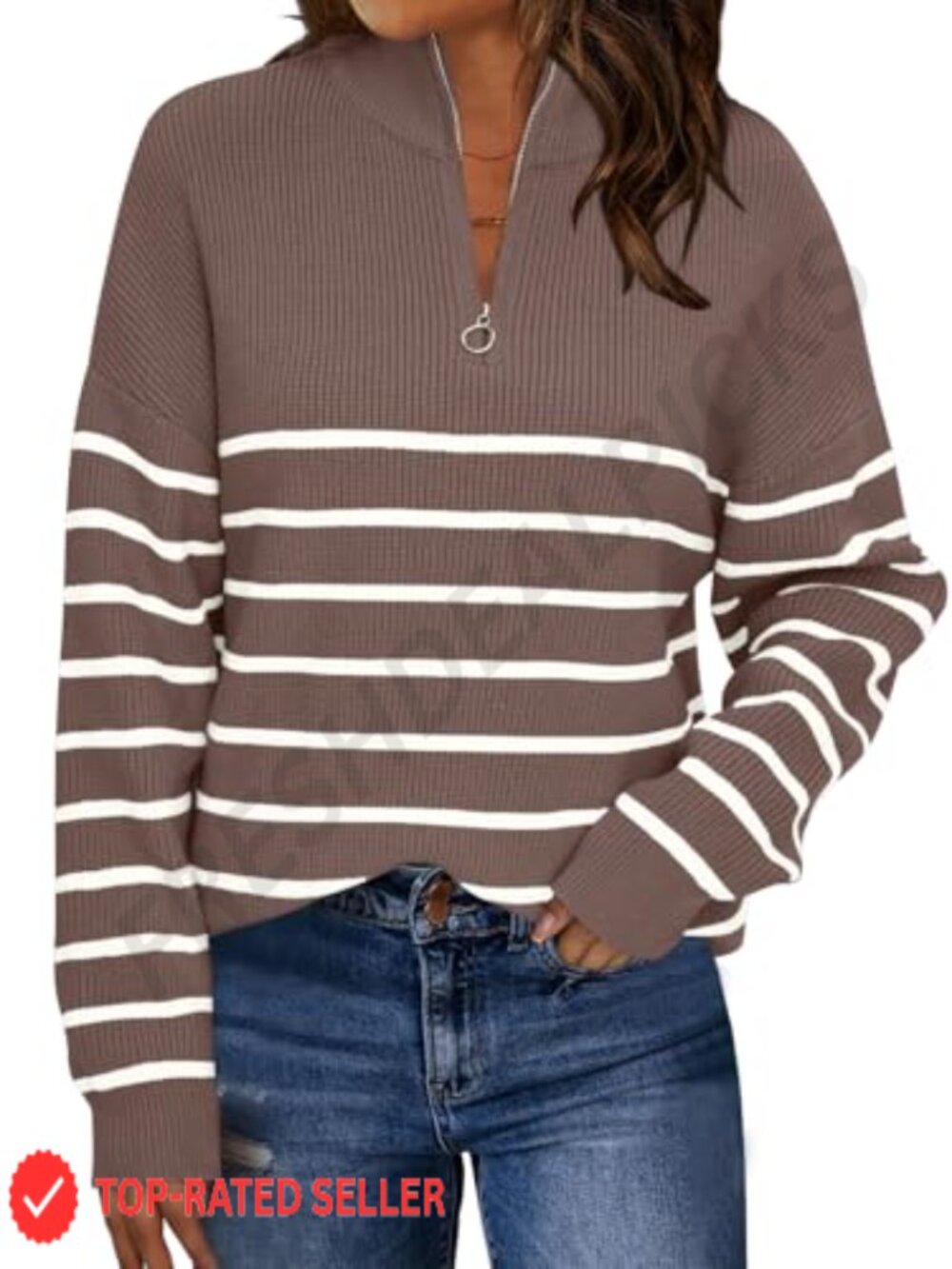 Womens Quarter Zip Striped Oversized Fall Sweater Ribbed Knit Pullover